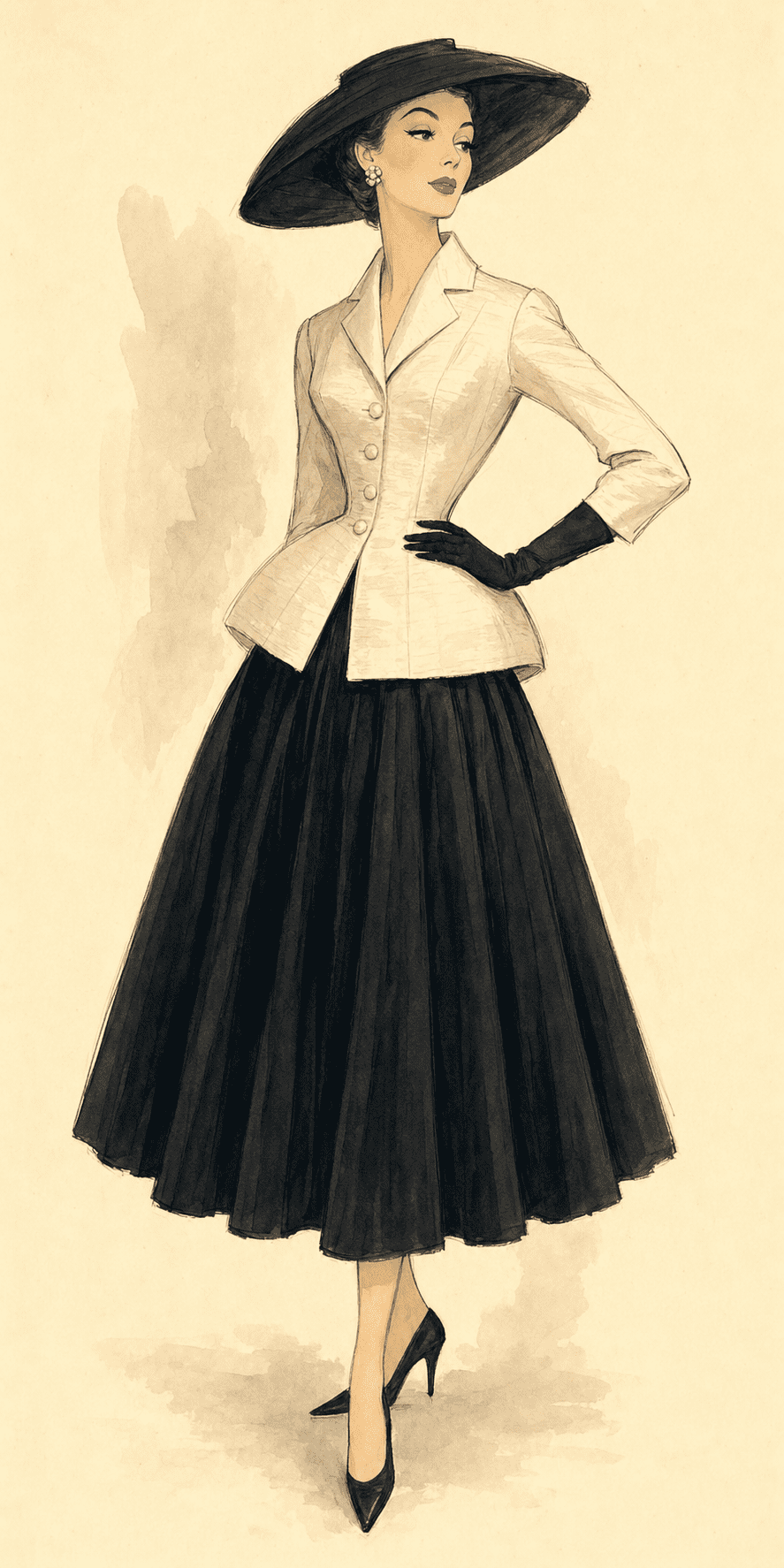 Illustration of the Dior Bar Suit: ivory shantung silk jacket with padded hips and a full black wool calf-length skirt