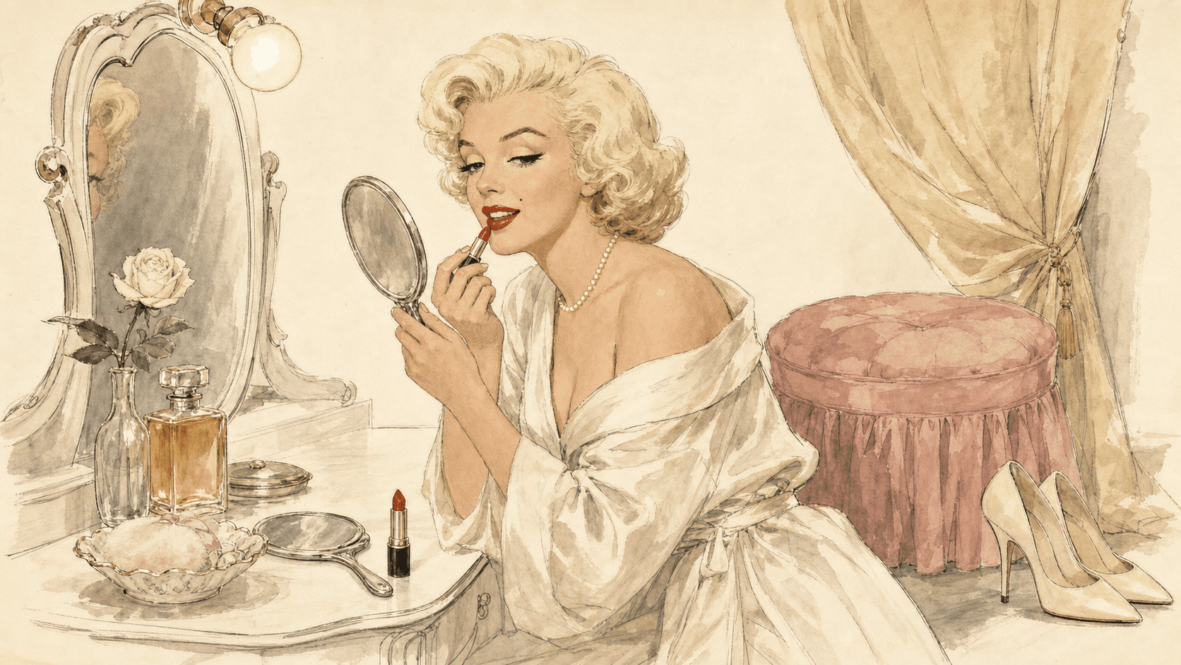 Marilyn Monroe at her vanity, applying red lipstick in a hand mirror, in an ivory silk dressing gown