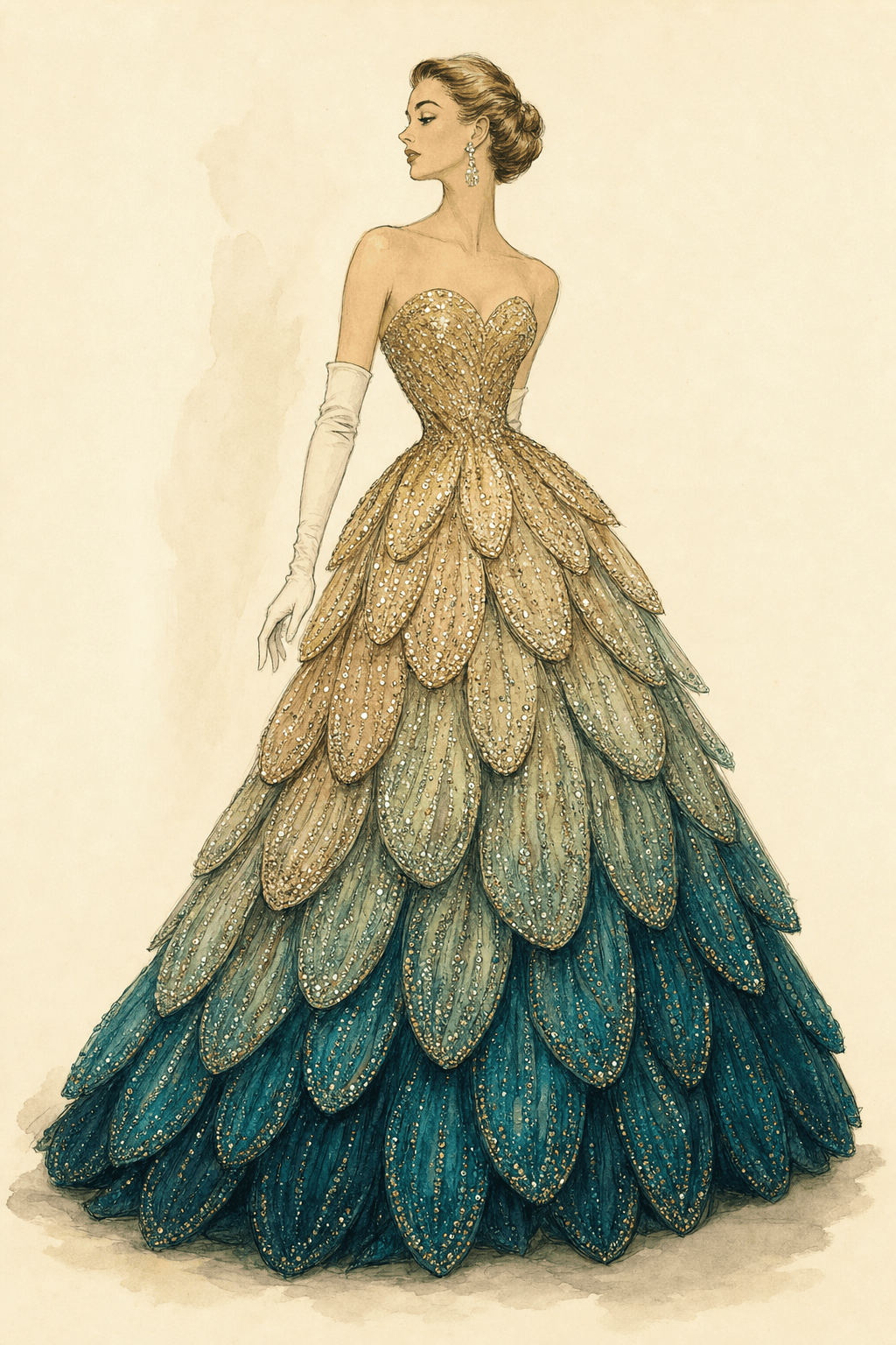 Illustration of the 1949 Dior Junon gown: strapless ball gown with layered overlapping petal panels in gradient peacock colors from gold at the bodice to deep teal at the hem