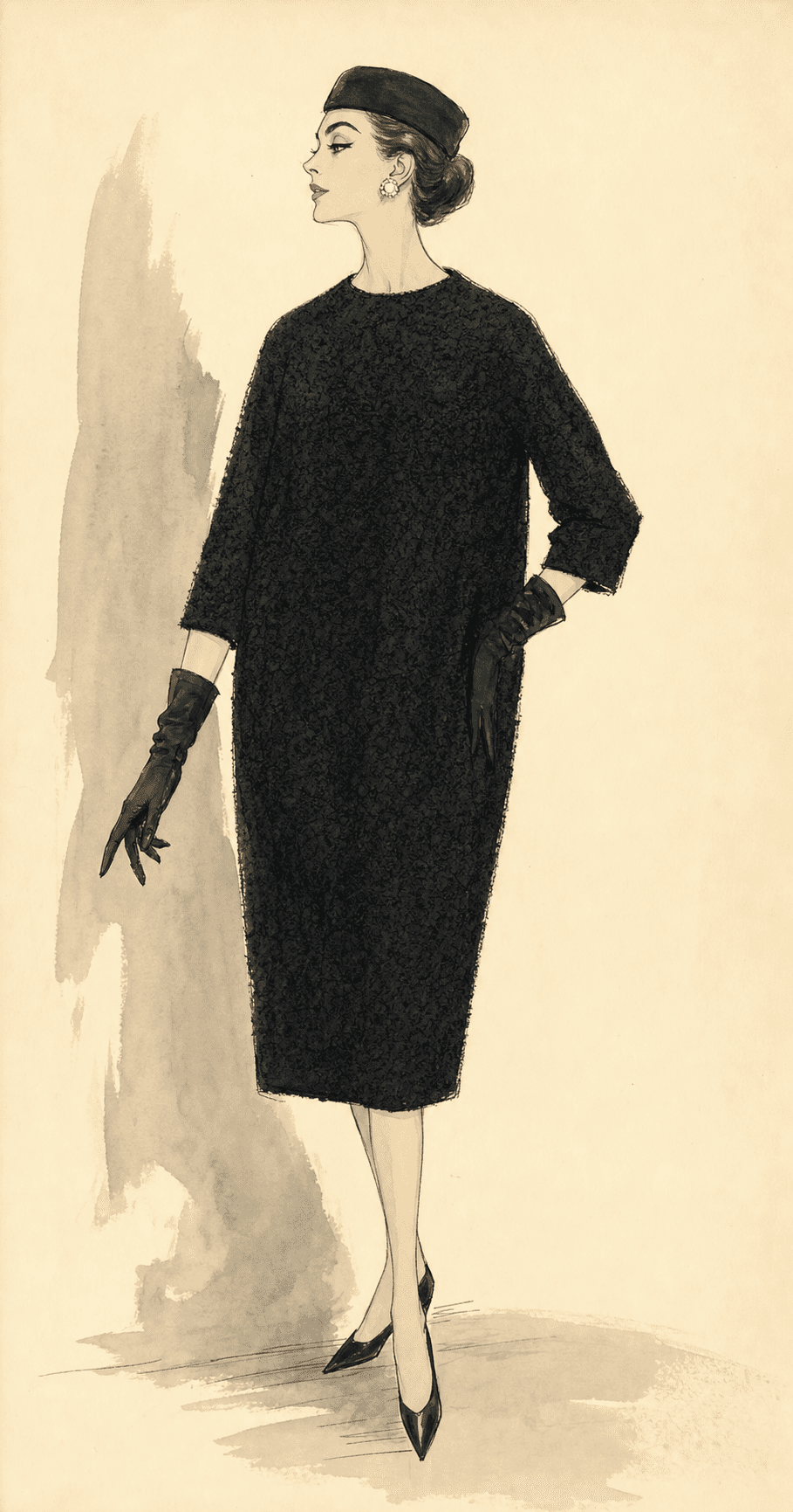 Illustration of a 1957 Balenciaga sack dress: loose black bouclé chemise with no defined waist