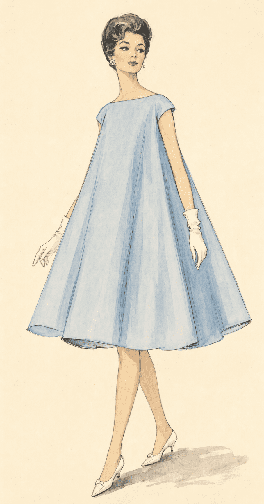 Illustration of the 1958 Yves Saint Laurent Trapeze dress: powder blue A-line flaring dramatically from the shoulders