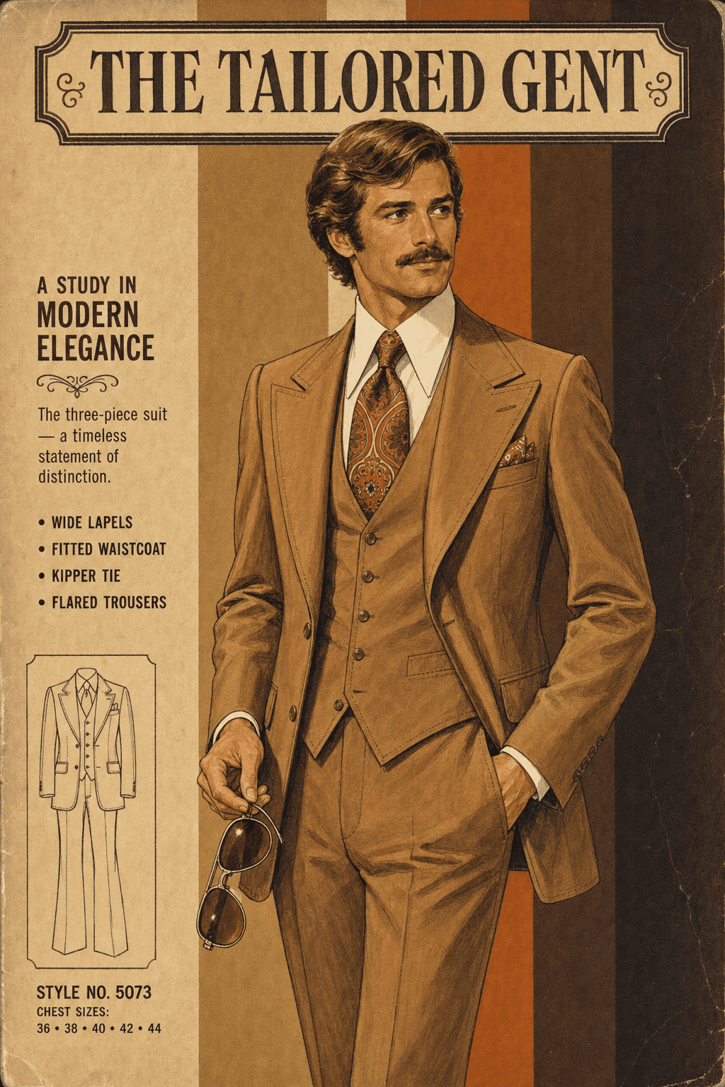 1970s men's fashion illustration — The Tailored Gent: camel three-piece suit, wide lapels, fitted waistcoat, kipper tie, aviator sunglasses