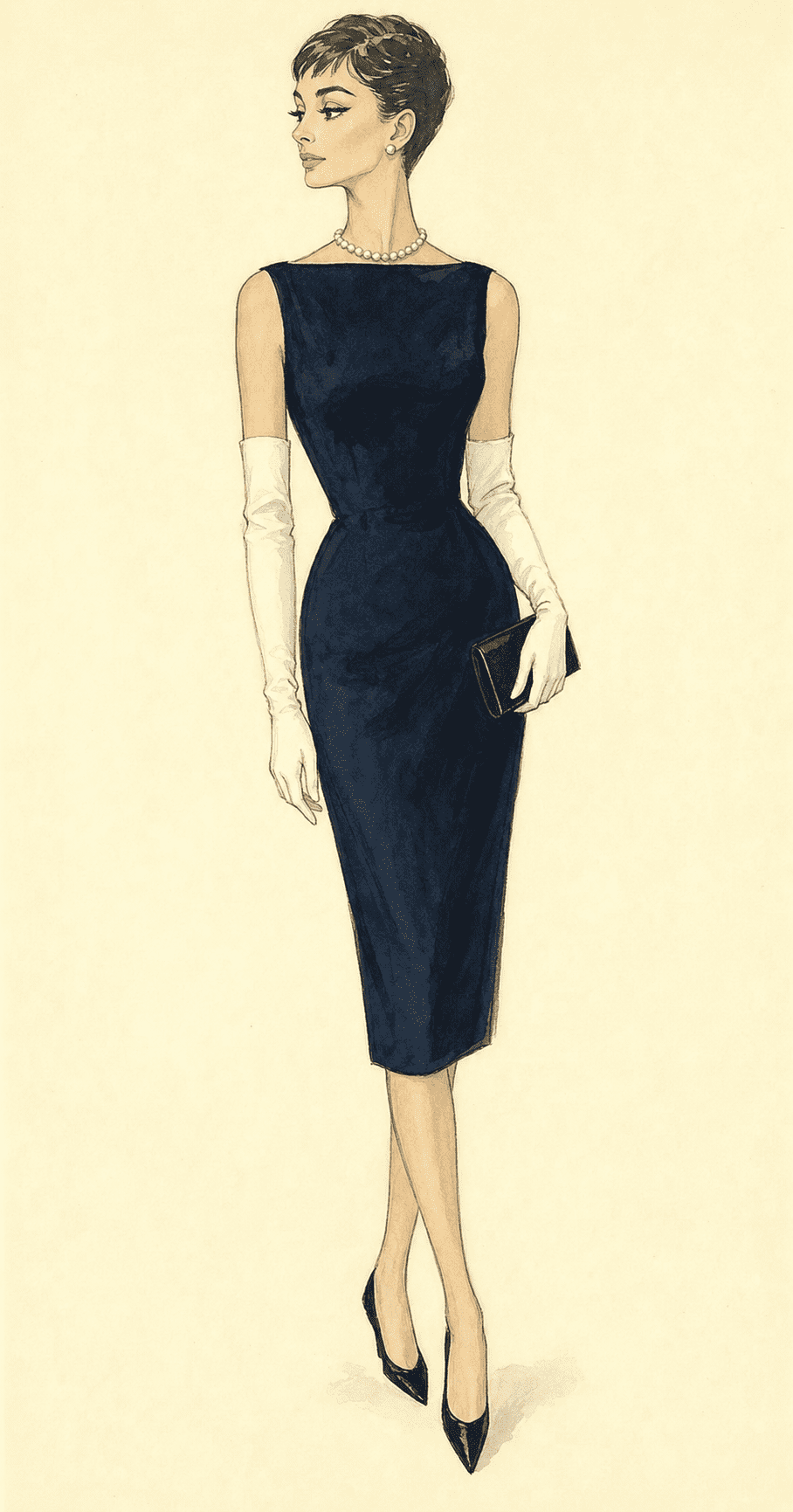 Illustration of a navy sheath dress with bateau Sabrina neckline, white opera gloves and pearls