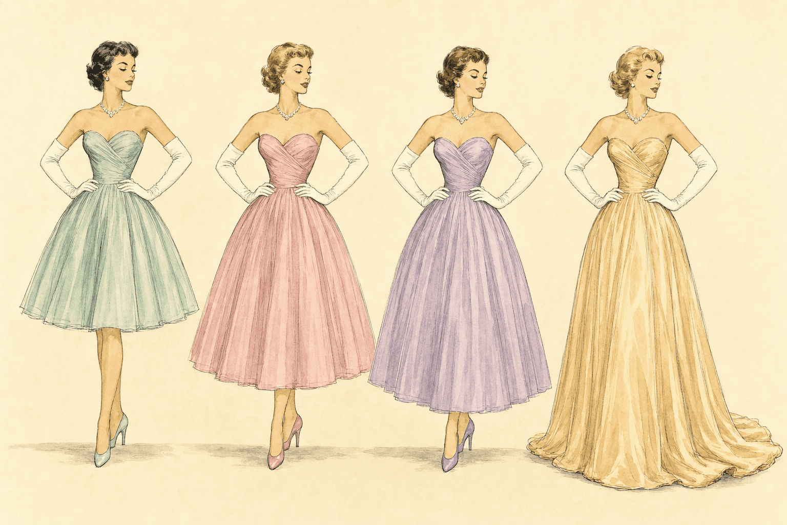 Four illustrated figures showing 1950s dress lengths: cocktail, ballet, tea, full-length gown