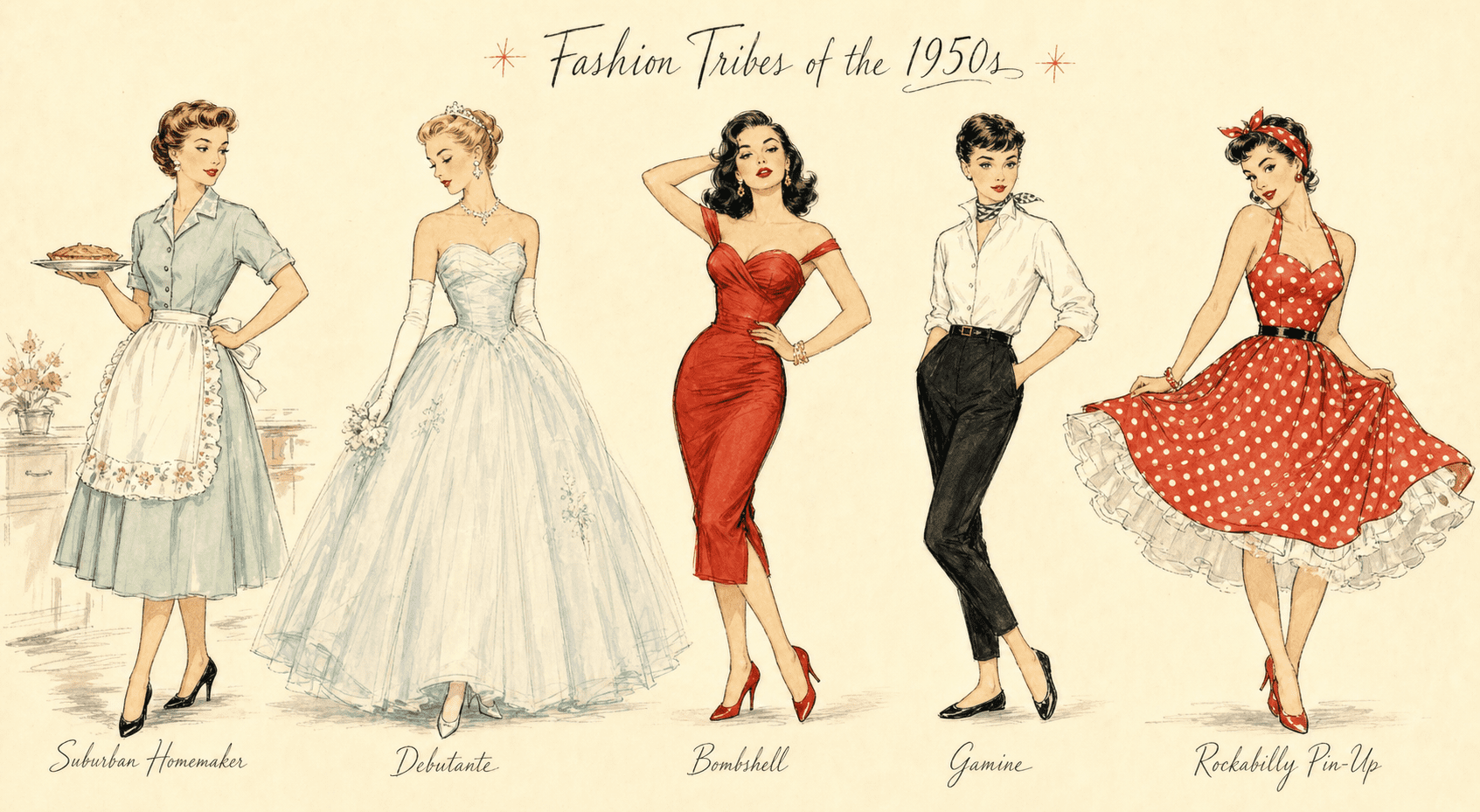 Five 1950s style tribes: the suburban homemaker, the debutante, the bombshell, the gamine, the rockabilly pin-up