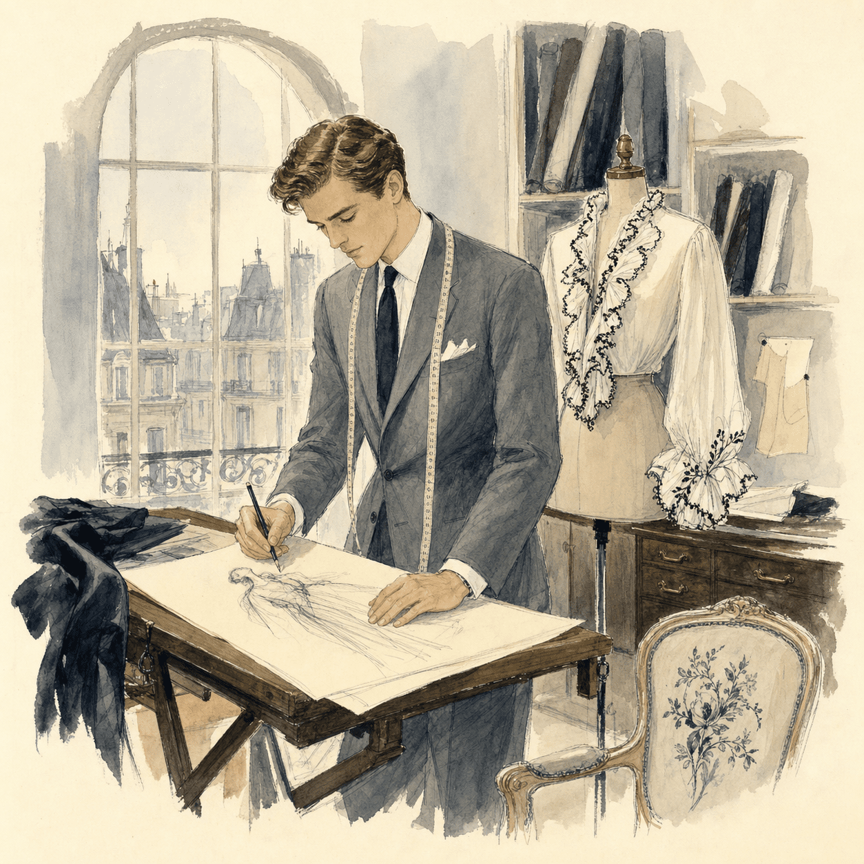 Hubert de Givenchy sketching at his drafting table in his 1952 Paris atelier, the Bettina blouse on a dressmaker's form beside him