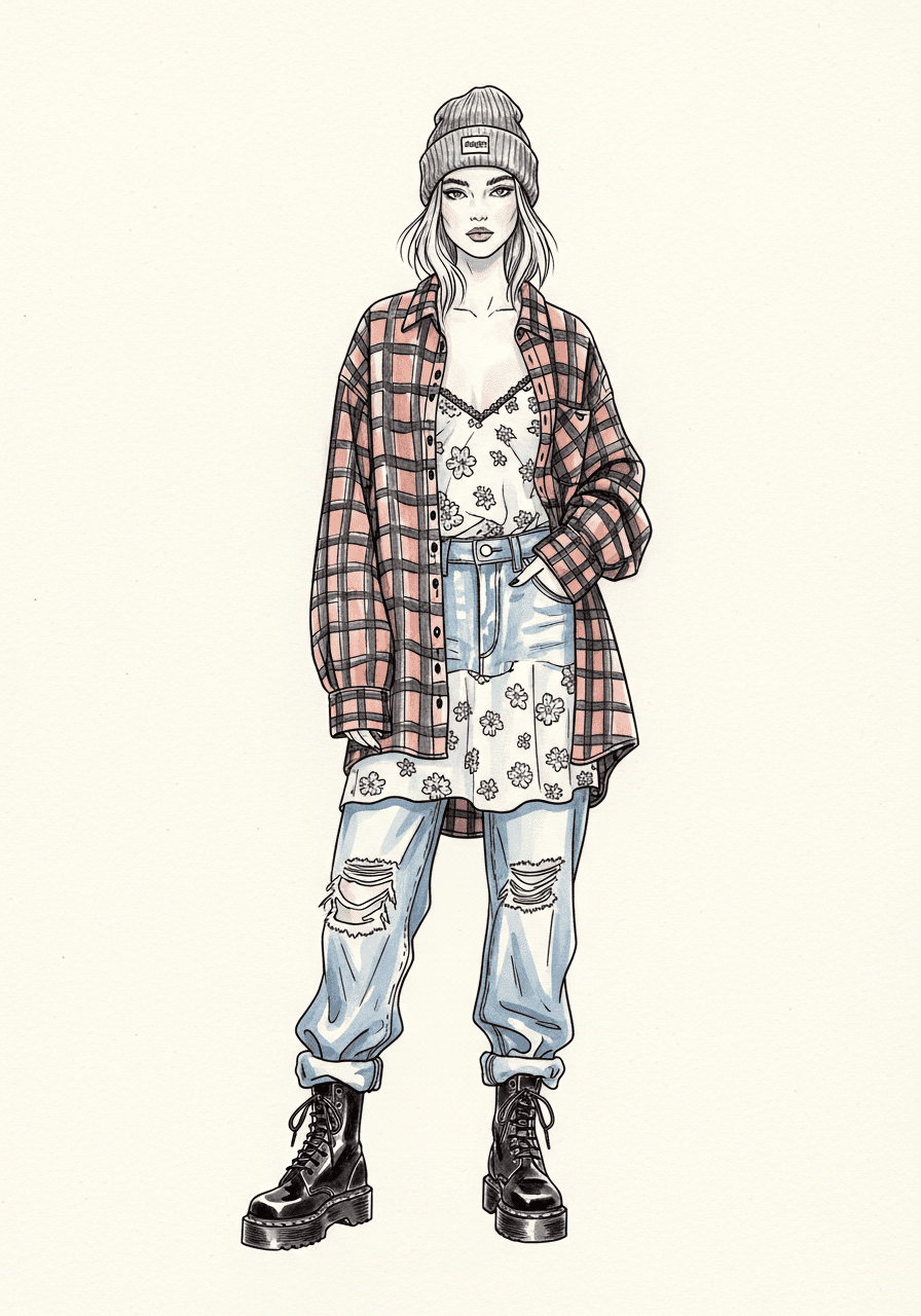 1990s women's fashion illustration of grunge style — oversized flannel shirt over floral slip dress, combat boots, beanie