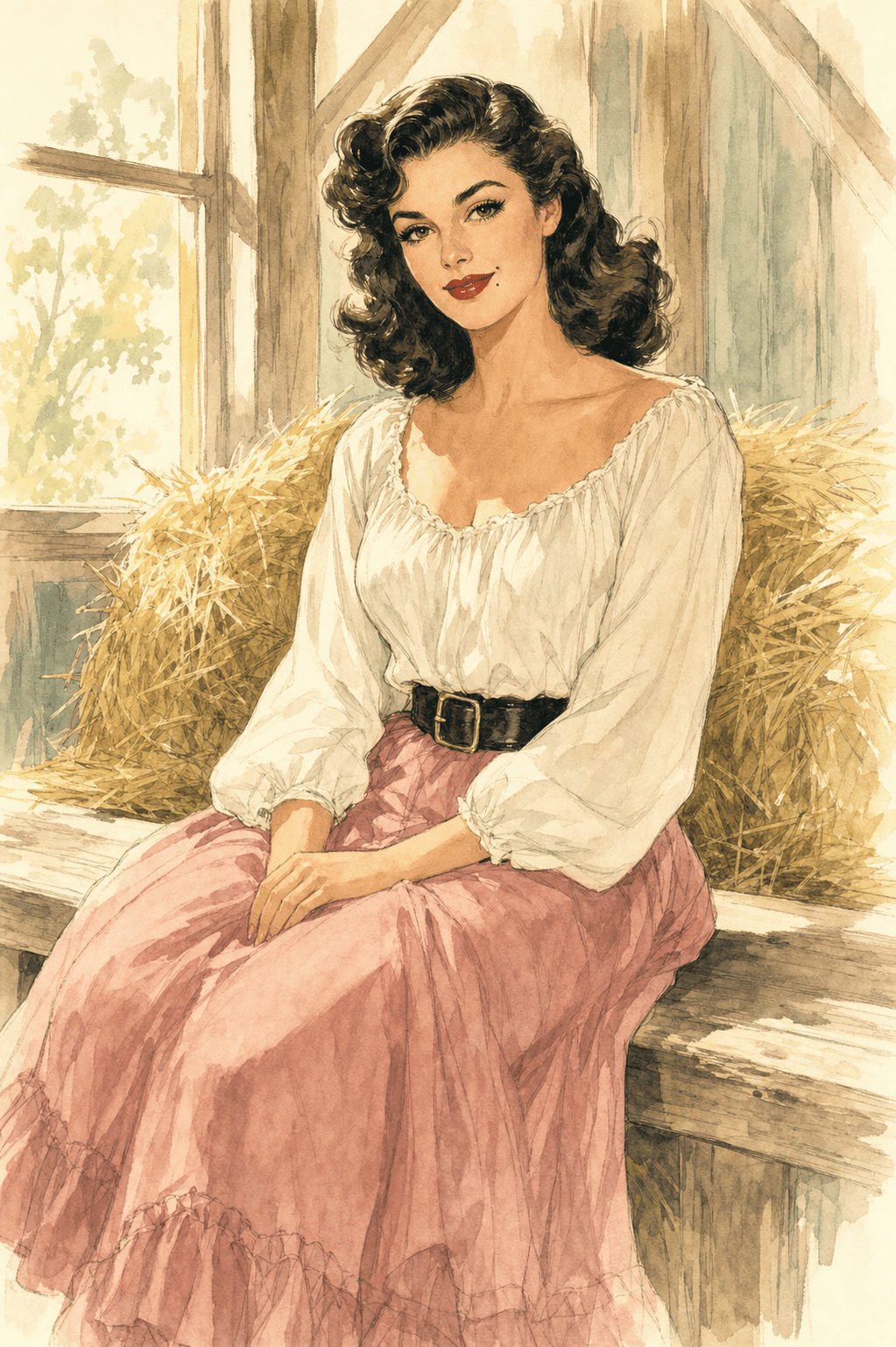 Watercolour illustration of Jane Russell in The Outlaw — off-white peasant blouse, wide leather belt, long dusty-rose ruffled skirt, seated in a sunlit barn