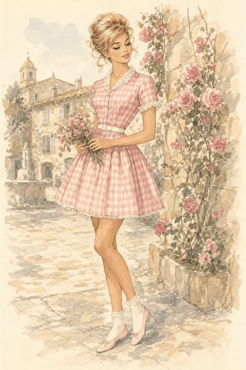 Watercolor illustration of a young French bride with honey-blonde hair piled in a soft beehive, holding a posy of pink wildflowers, wearing a knee-length pink-and-white gingham shirtdress with white lace trim, a slim white belt, white lace ankle socks and pale-pink ballet flats