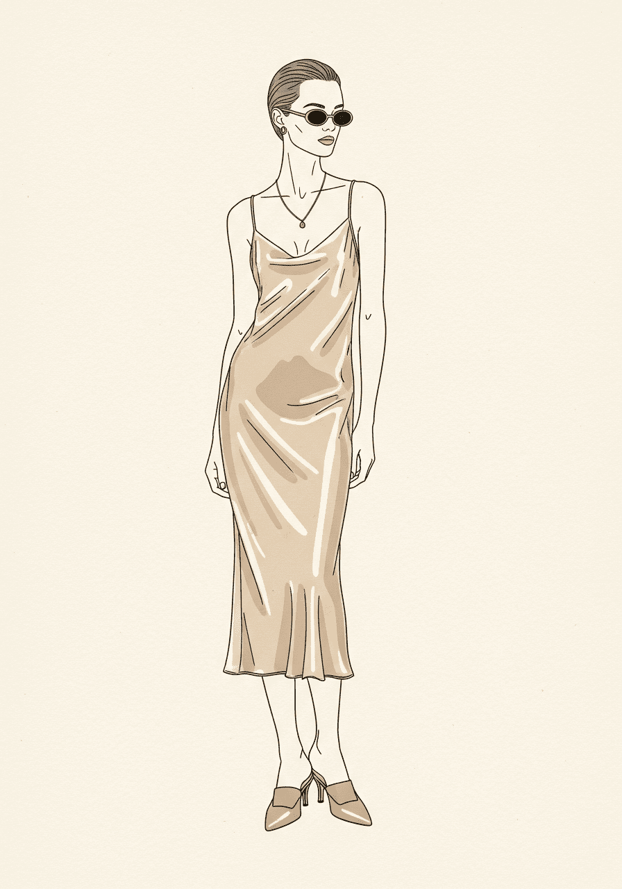 1990s women's fashion illustration of minimalism — silk slip dress, oval sunglasses, kitten heels