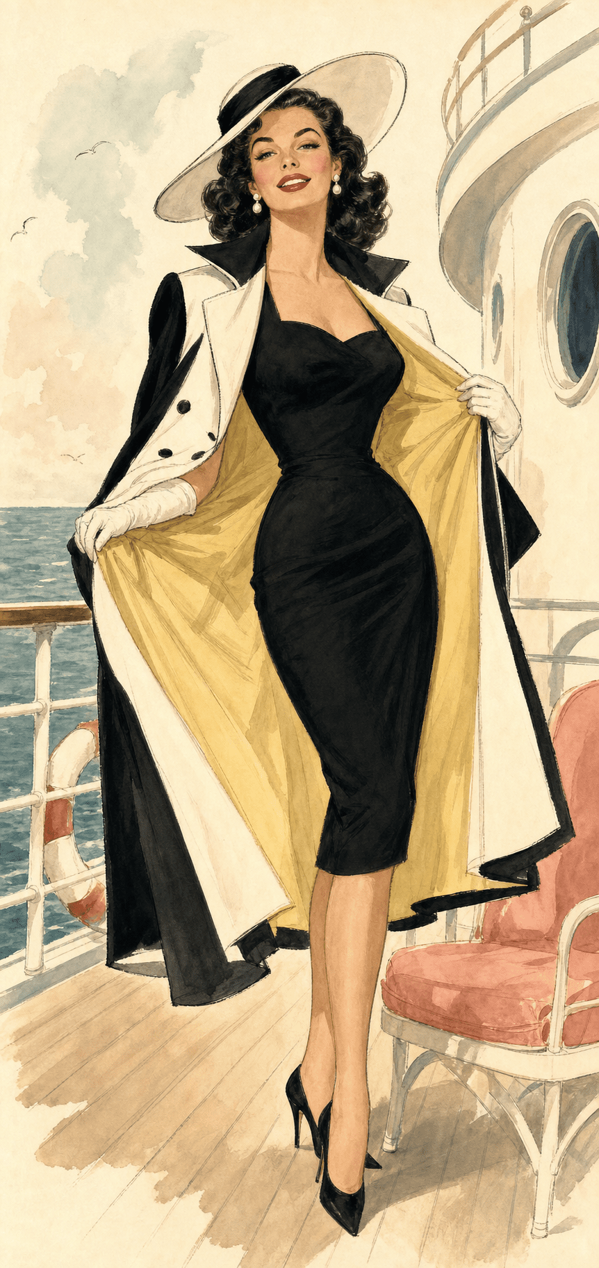 Watercolour illustration of Jane Russell in a black coat with striking butter-yellow lining swung open, wide black-and-white hat, aboard an ocean liner