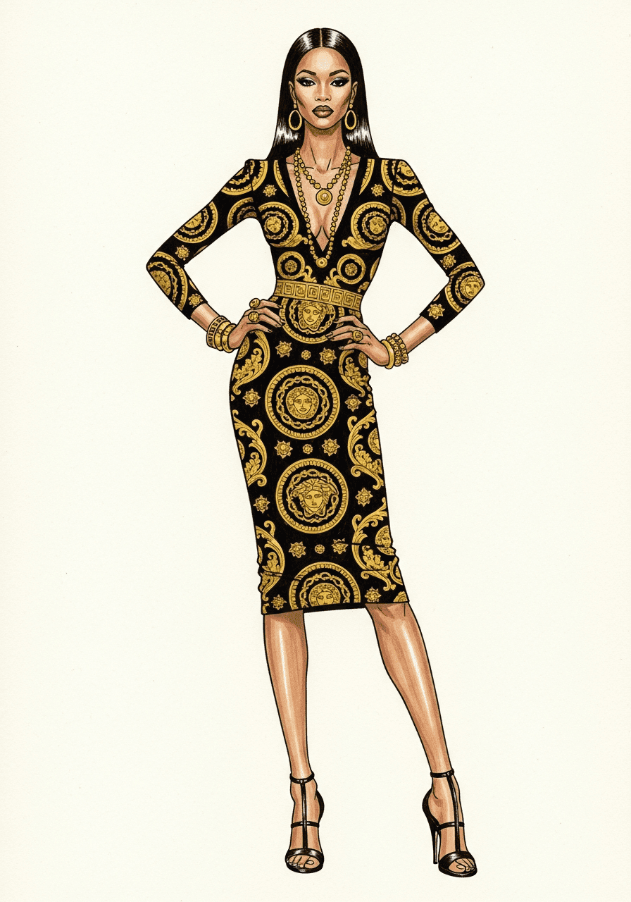 1990s women's fashion illustration of supermodel glamour — baroque Versace print dress, gold jewellery, stilettos